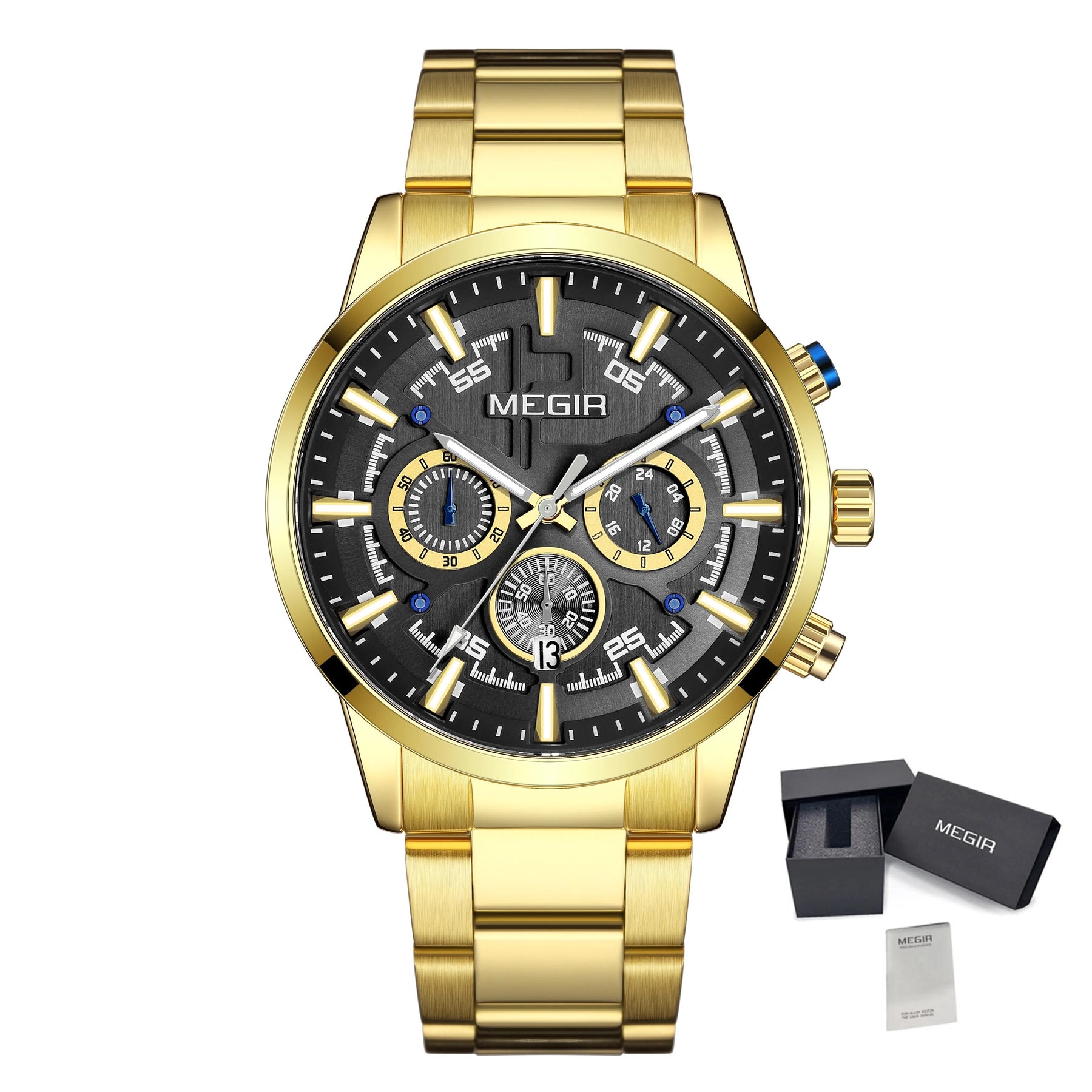 MEGIR Luxury Watch Mens Business Watches Calendar Stainless Steel Quartz Wrist Watch Clock Casual Chronograph Relogio Masculino