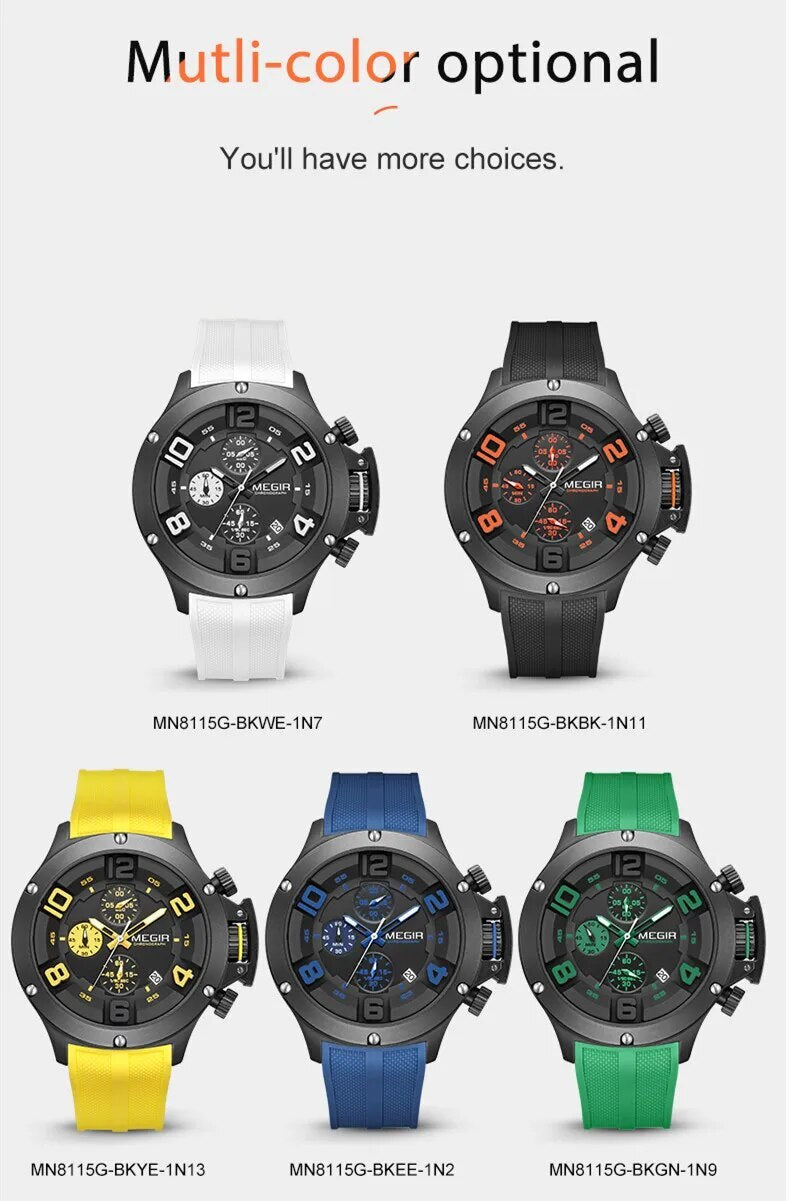 MEGIR Relogio Masculino Luxury Quartz Watch for Men Yellow Silicone Strap Military Sport WristWatch Chronograph with Auto Date