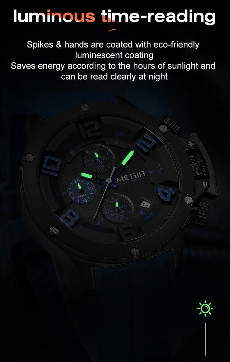 MEGIR Relogio Masculino Luxury Quartz Watch for Men Yellow Silicone Strap Military Sport WristWatch Chronograph with Auto Date