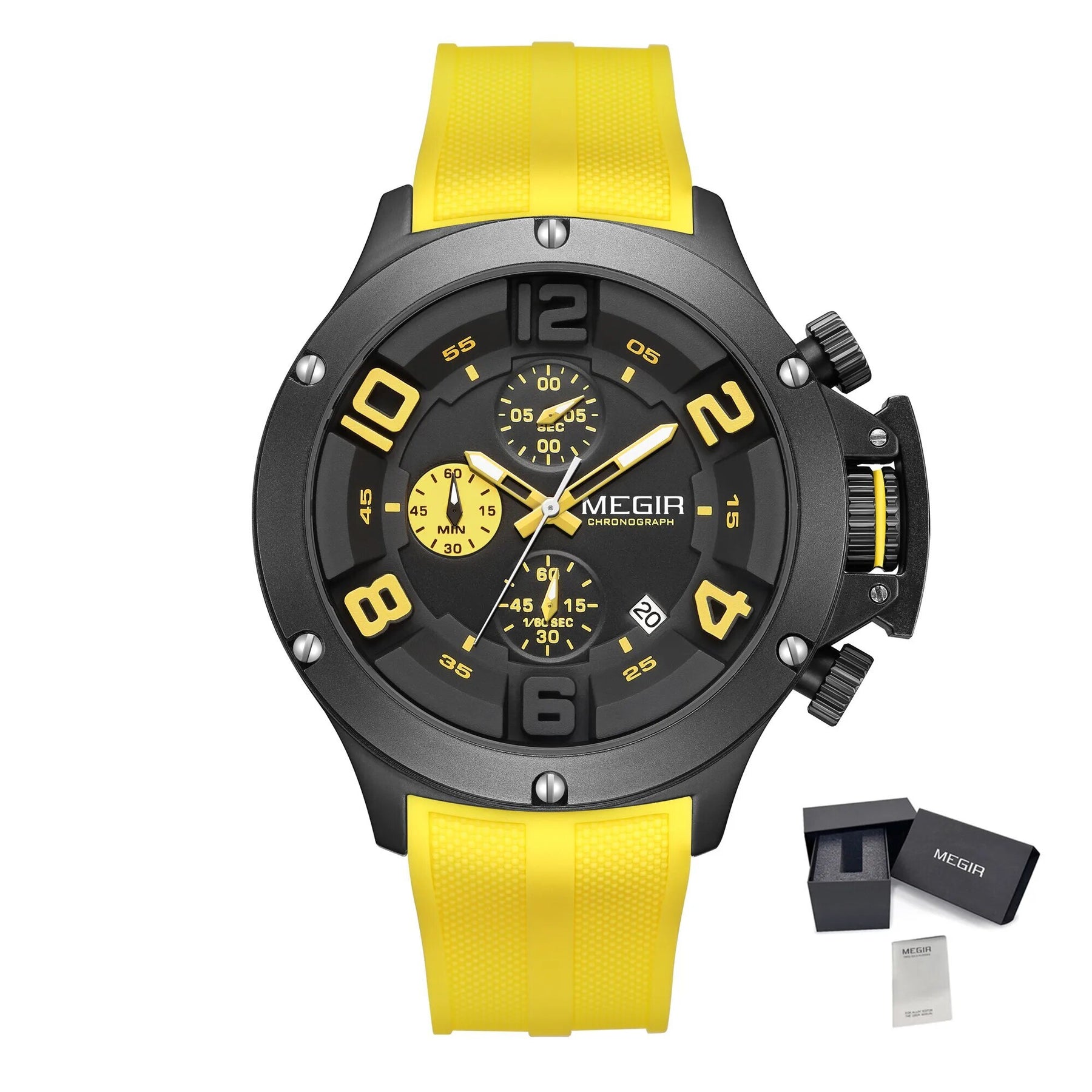 MEGIR Relogio Masculino Luxury Quartz Watch for Men Yellow Silicone Strap Military Sport WristWatch Chronograph with Auto Date