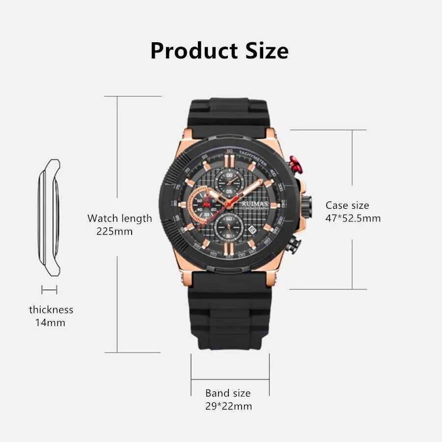 RUIMAS Relogio Masculino Luxury Mens Watches Silicone Strap Quartz Sports Wristwatch Luminous Hands Clock Chronograph Auto Date