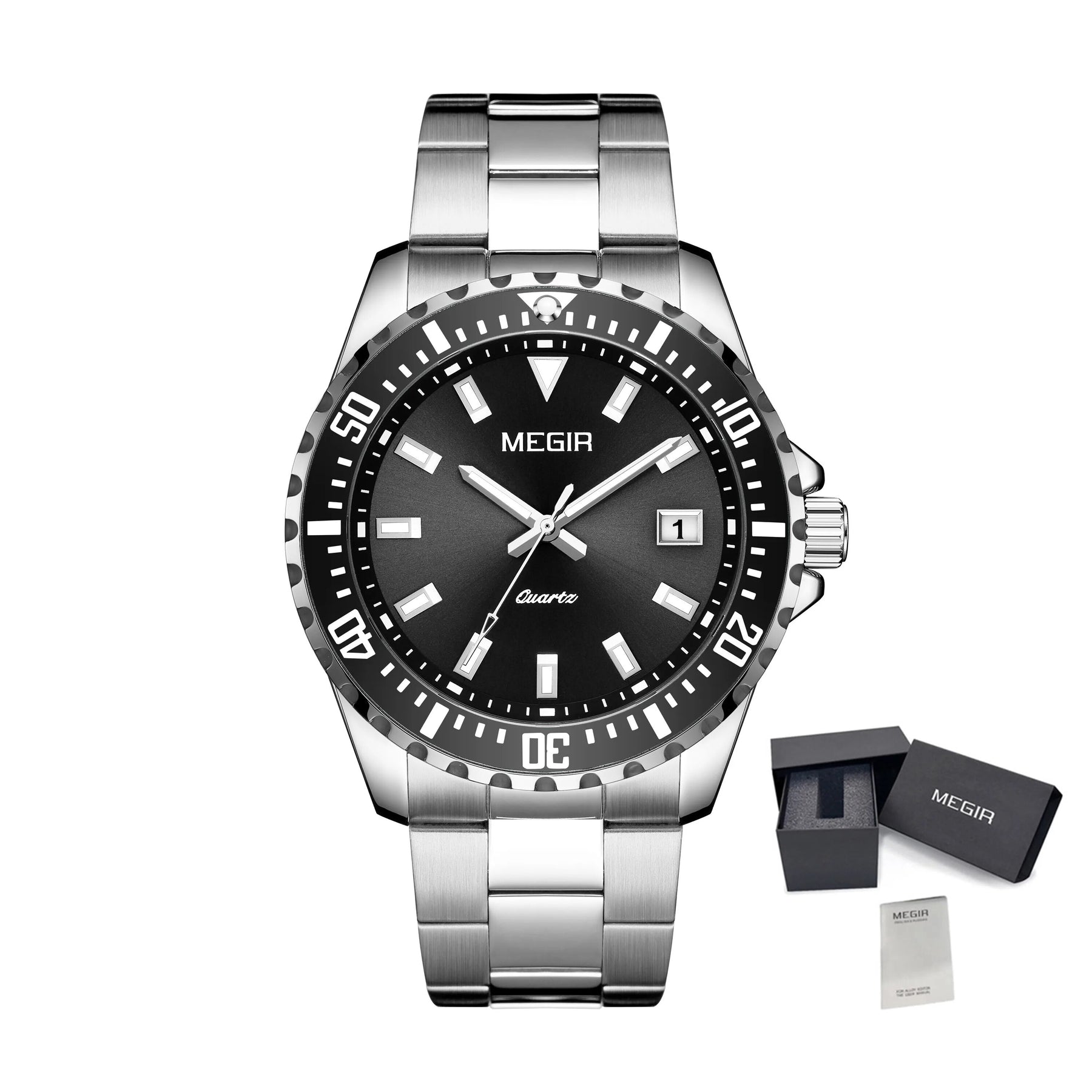 MEGIR Fashion Men Watches Top Luxury Stainless Steel Quartz Wristwatch Calendar Luminous Clock Large Dial Relogio Masculino