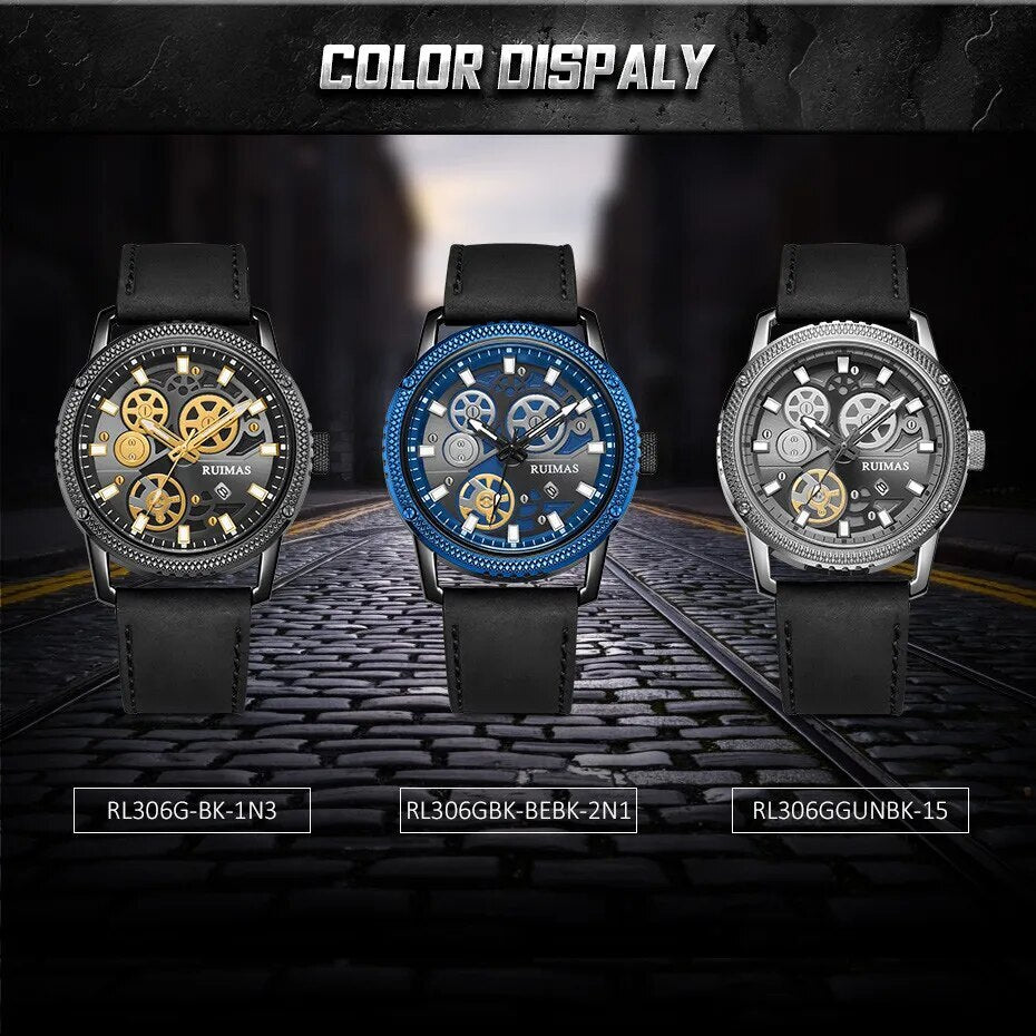 RUIMAS Relogio Masculino Luxury Leather Band Quartz Wristwatch Men Big Dial Moda Watches Waterproof Sport Military Reloj Hombre