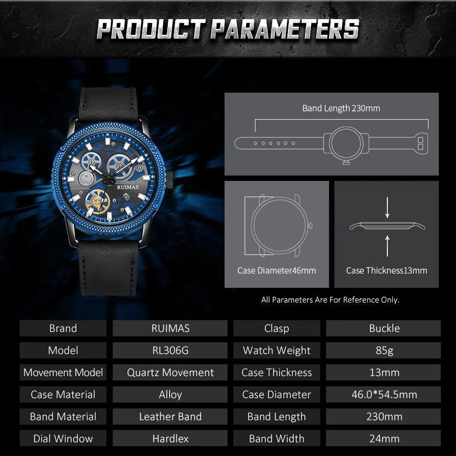 RUIMAS Relogio Masculino Luxury Leather Band Quartz Wristwatch Men Big Dial Moda Watches Waterproof Sport Military Reloj Hombre