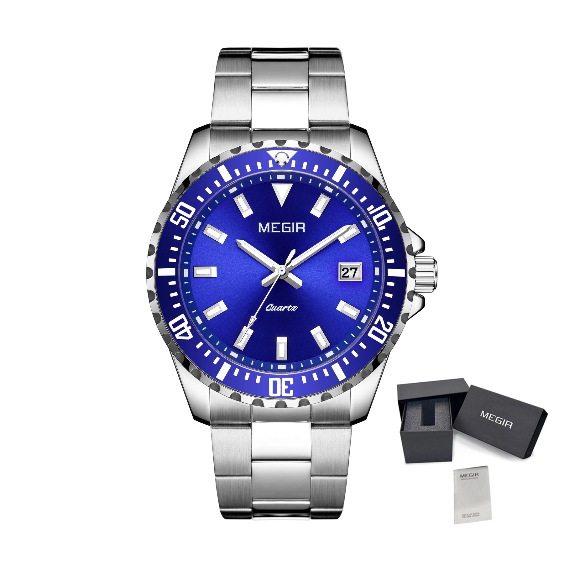 MEGIR Fashion Men Watches Top Luxury Stainless Steel Quartz Wristwatch Calendar Luminous Clock Large Dial Relogio Masculino