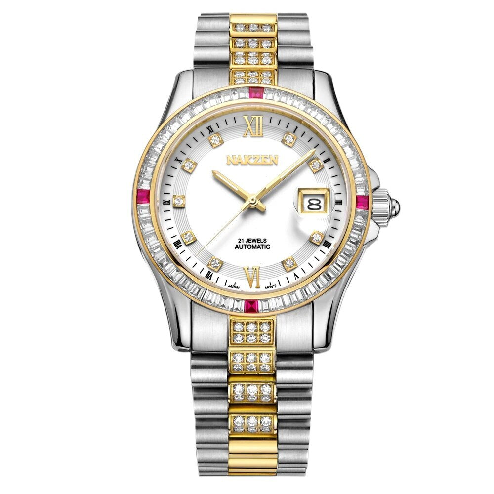 NAKZEN Men Japan NH35 Movement Automatic Mechanical Watch Elegant Diamond Stainless Steel Bracelet Watches Relogio Masculino