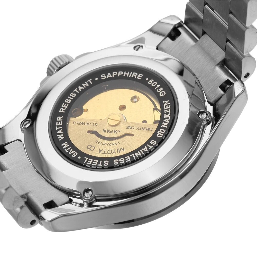 NAKZEN Men Japan NH35 Movement Automatic Mechanical Watch Elegant Diamond Stainless Steel Bracelet Watches Relogio Masculino