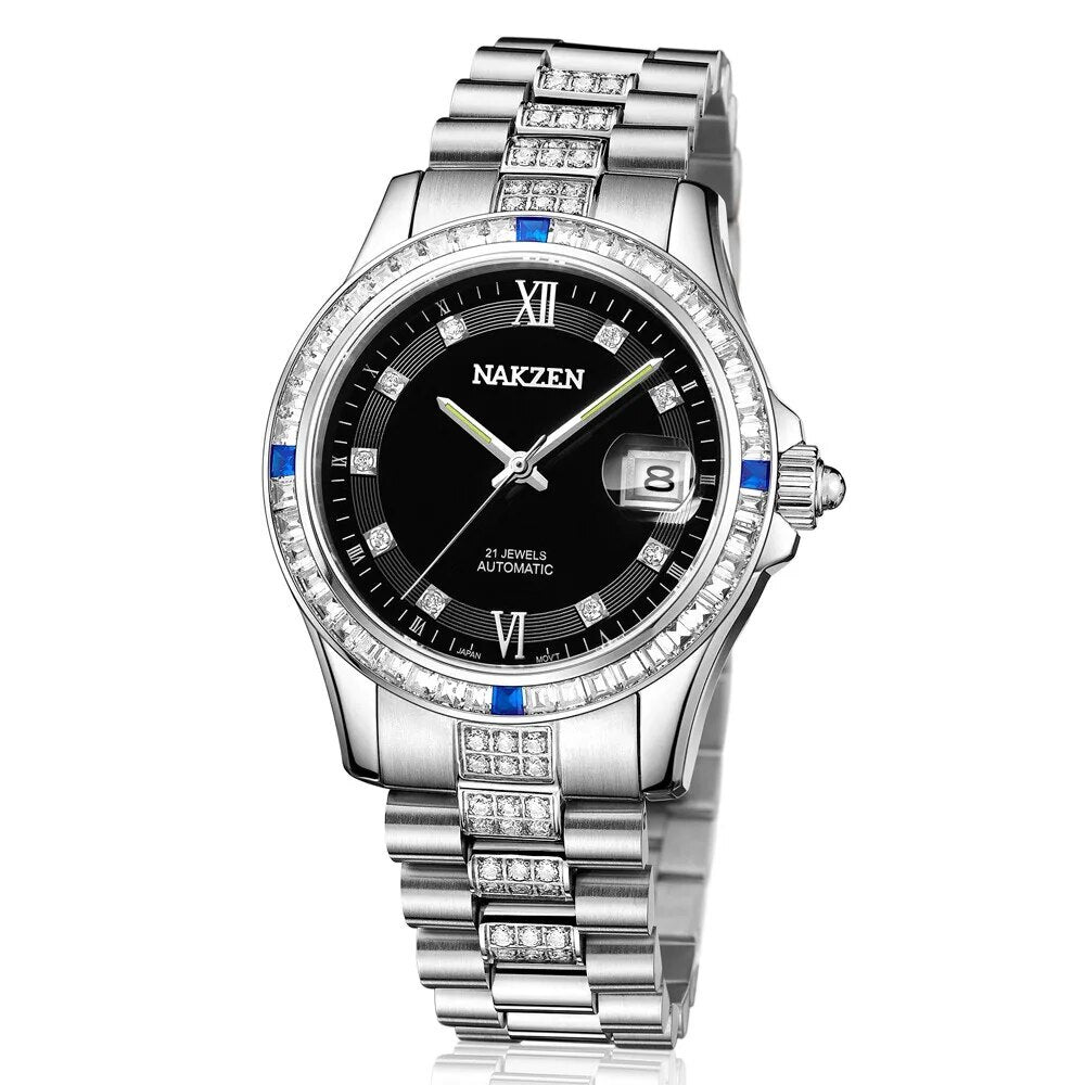 NAKZEN Men Japan NH35 Movement Automatic Mechanical Watch Elegant Diamond Stainless Steel Bracelet Watches Relogio Masculino