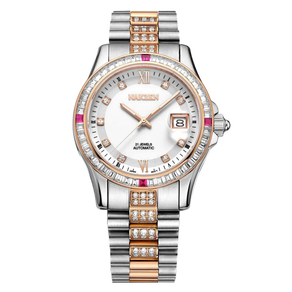 NAKZEN Men Japan NH35 Movement Automatic Mechanical Watch Elegant Diamond Stainless Steel Bracelet Watches Relogio Masculino