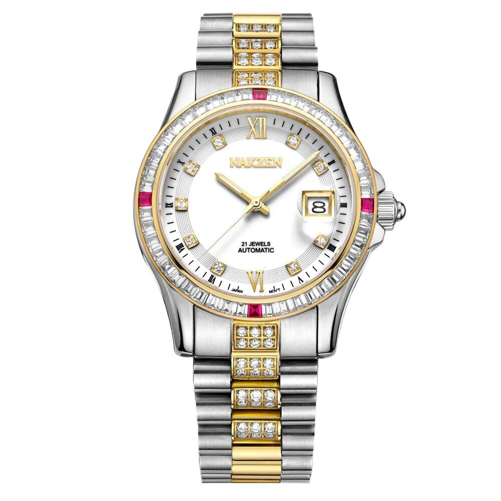NAKZEN Men Japan NH35 Movement Automatic Mechanical Watch Elegant Diamond Stainless Steel Bracelet Watches Relogio Masculino