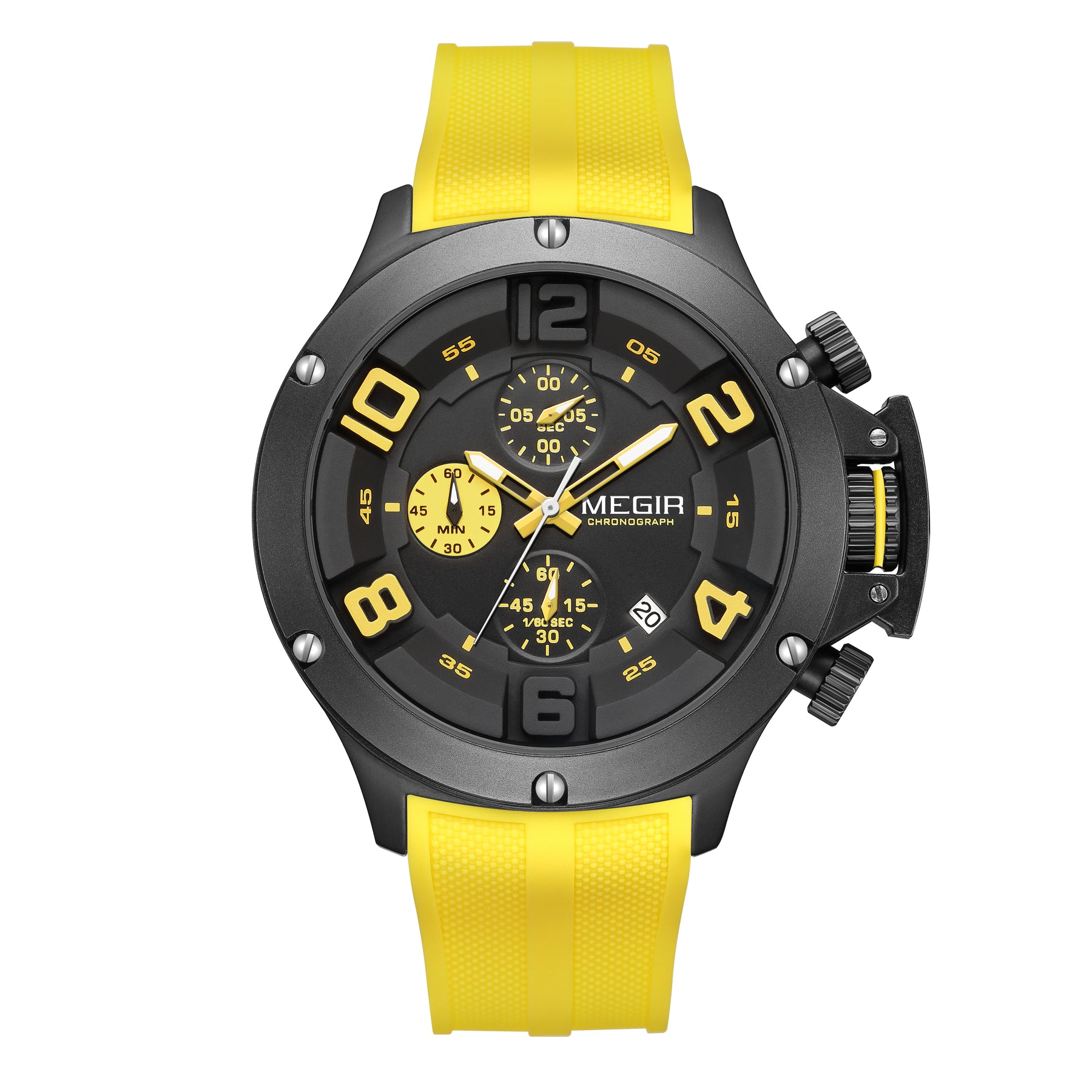 MEGIR Relogio Masculino Luxury Quartz Watch for Men Yellow Silicone Strap Military Sport WristWatch Chronograph with Auto Date