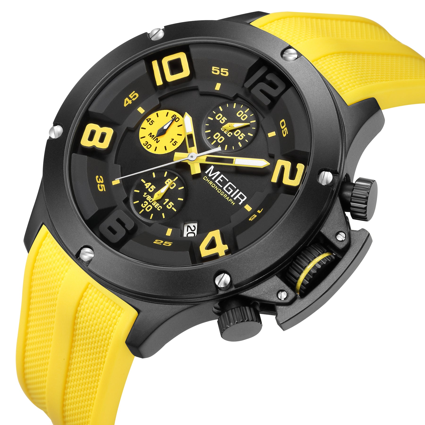 MEGIR Relogio Masculino Luxury Quartz Watch for Men Yellow Silicone Strap Military Sport WristWatch Chronograph with Auto Date