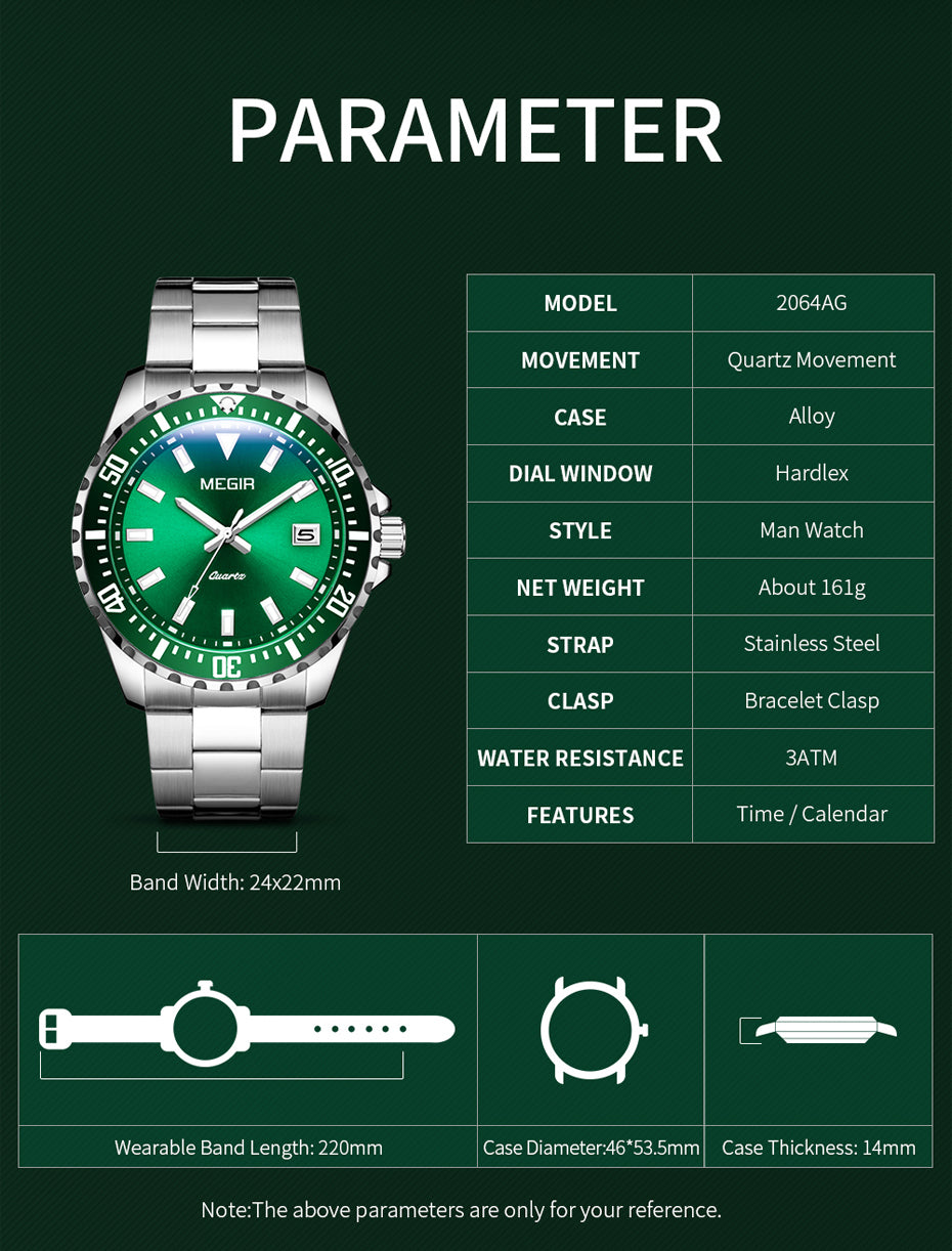 MEGIR Fashion Men Watches Top Luxury Stainless Steel Quartz Wristwatch Calendar Luminous Clock Large Dial Relogio Masculino