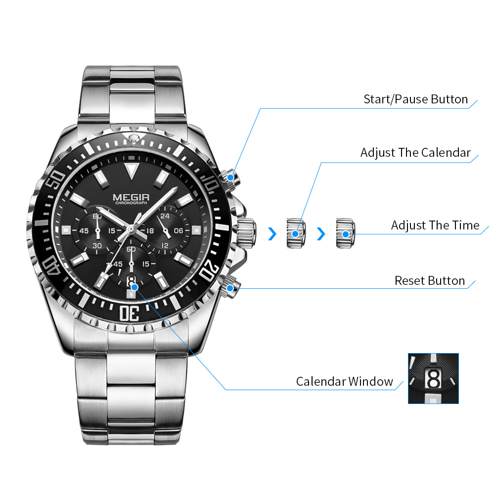 MEGIR Original Luxury Business Quartz Watch Men Brand Stainless Steel Chronograph Military WristWatch Clock Relogio Masculino