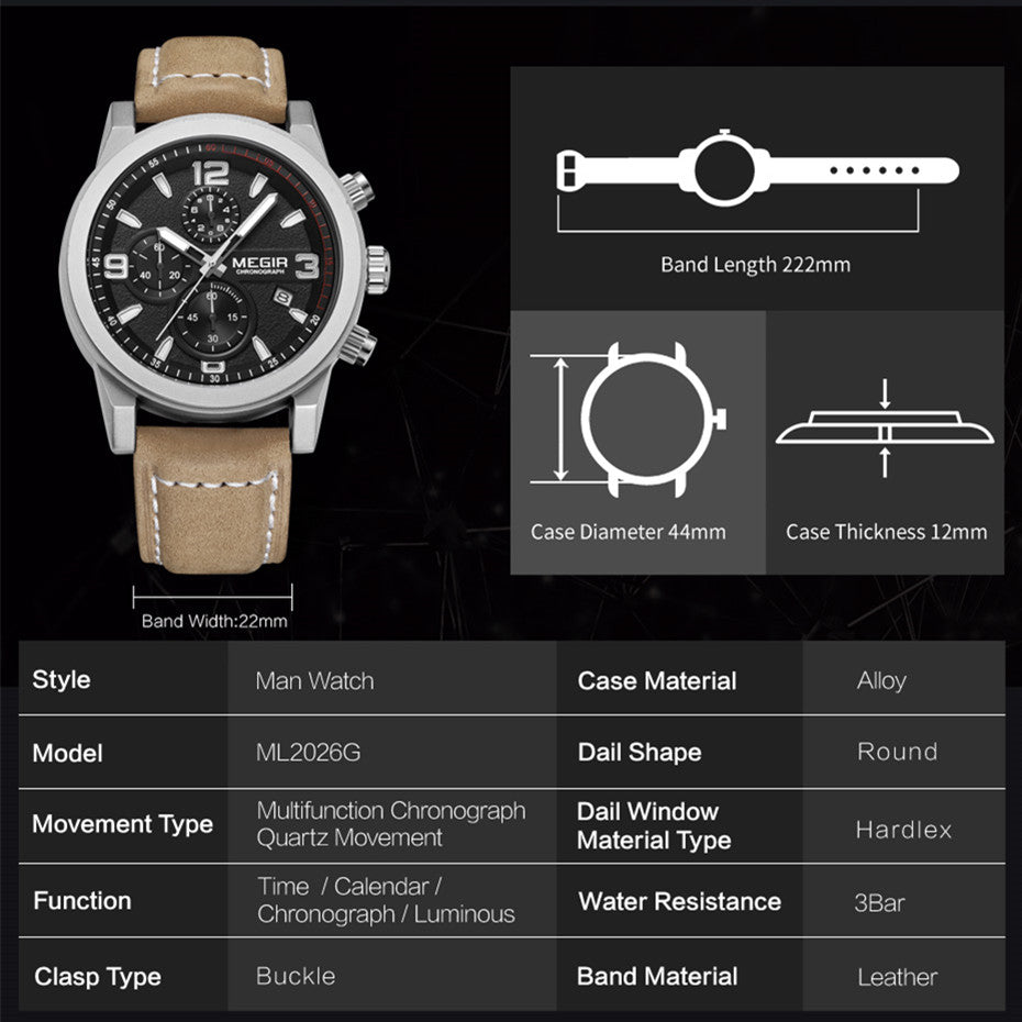 MEGIR Original Brand Luxury Watch Men's Sport Watches Leather Strap Watch Quartz Wristwatches Luminous Casual Relogio Masculino