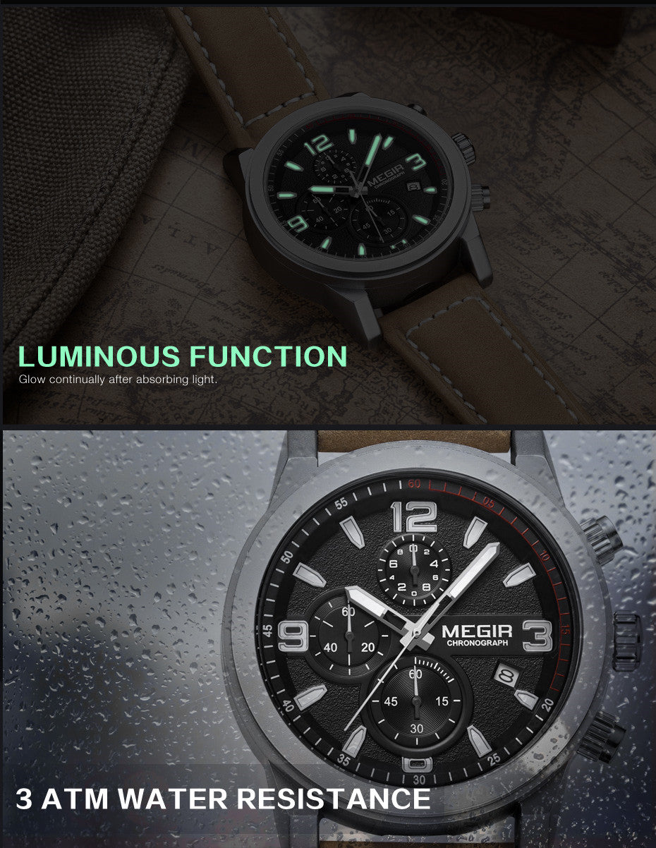 MEGIR Original Brand Luxury Watch Men's Sport Watches Leather Strap Watch Quartz Wristwatches Luminous Casual Relogio Masculino