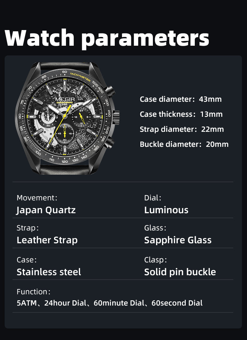 MEGIR Luxury Men's Business Casual Watches Leather Waterproof Quartz Chronograph Male Clock Wristwatch Relogio Masculino