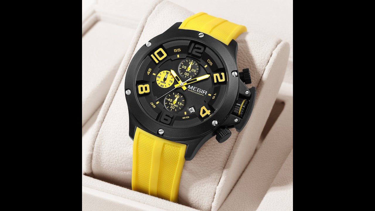MEGIR Relogio Masculino Luxury Quartz Watch for Men Yellow Silicone Strap Military Sport WristWatch Chronograph with Auto Date
