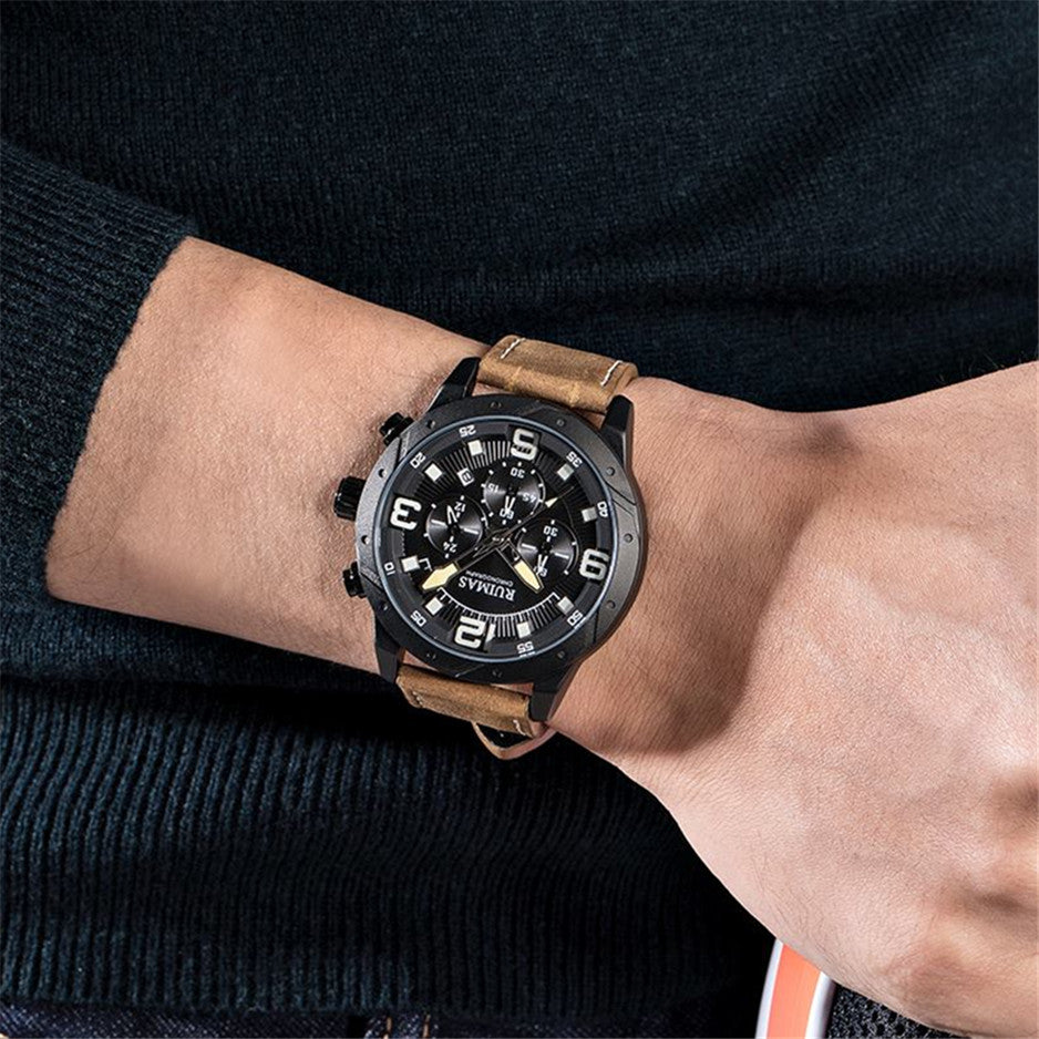 RUIMAS Relogio Masculino Fashion Men Quartz Watch Leather Sport Military Wristwatch Waterproof Clock with Auto Date