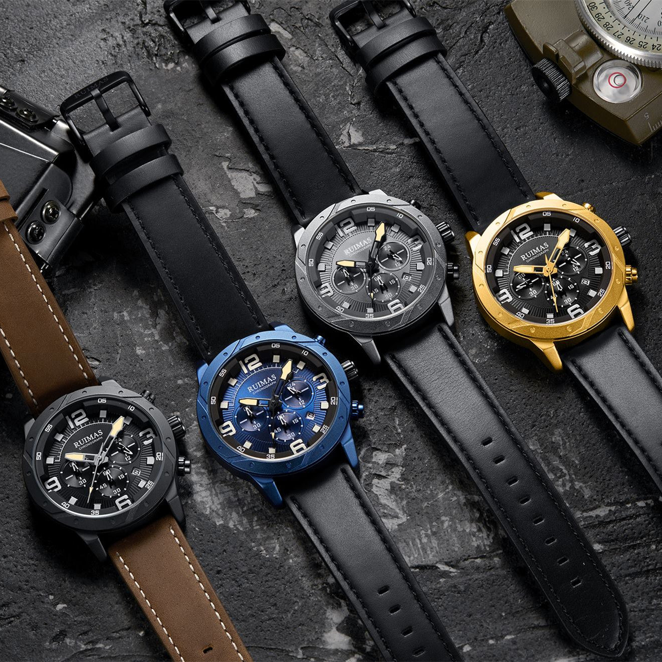 RUIMAS Relogio Masculino Fashion Men Quartz Watch Leather Sport Military Wristwatch Waterproof Clock with Auto Date