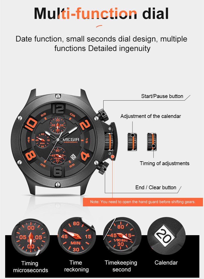 MEGIR Relogio Masculino Luxury Quartz Watch for Men Yellow Silicone Strap Military Sport WristWatch Chronograph with Auto Date