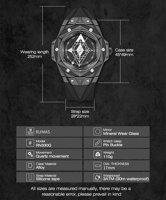 RUIMAS Brand Watches for Men Luxury Quartz Movement Sport Casual Wristwatches Unique Design Waterproof Clock Relogio Masculino