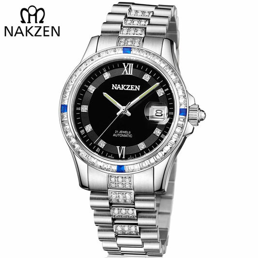 NAKZEN Men Japan NH35 Movement Automatic Mechanical Watch Elegant Diamond Stainless Steel Bracelet Watches Relogio Masculino