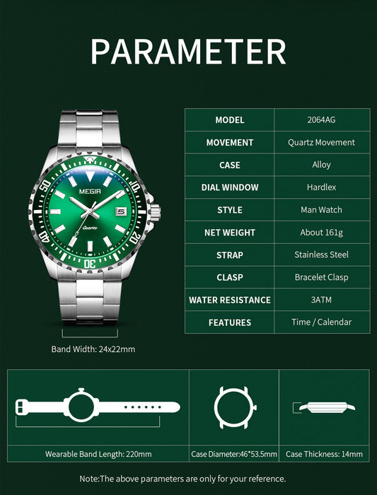 MEGIR Fashion Men Watches Top Luxury Stainless Steel Quartz Wristwatch Calendar Luminous Clock Large Dial Relogio Masculino