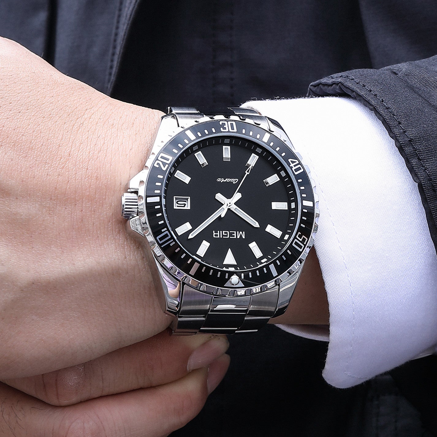MEGIR Fashion Men Watches Top Luxury Stainless Steel Quartz Wristwatch Calendar Luminous Clock Large Dial Relogio Masculino