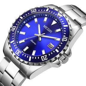 MEGIR Fashion Men Watches Top Luxury Stainless Steel Quartz Wristwatch Calendar Luminous Clock Large Dial Relogio Masculino