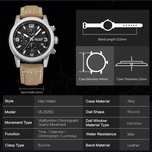 MEGIR Original Brand Luxury Watch Men's Sport Watches Leather Strap Watch Quartz Wristwatches Luminous Casual Relogio Masculino