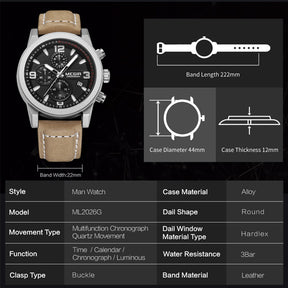 MEGIR Original Brand Luxury Watch Men's Sport Watches Leather Strap Watch Quartz Wristwatches Luminous Casual Relogio Masculino