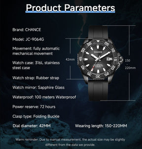 CHANCE Automatic Watches Stainless Steel Sapphire Glass Mechanical Wristwatch Waterproof Luminous  Clock with Auto Date Relogio Masculino