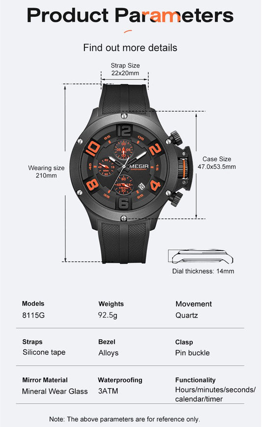 MEGIR Relogio Masculino Luxury Quartz Watch for Men Yellow Silicone Strap Military Sport WristWatch Chronograph with Auto Date